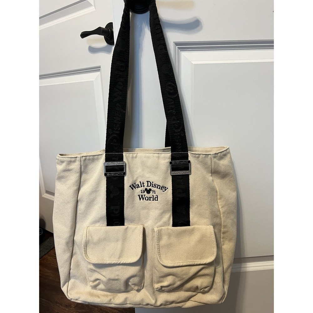 Walt Disney World 1971 Canvas Shoulder Tote Bag Large Off White Black
